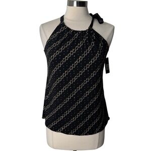 BCX Womens Halter Neck Top Black Gold Glitter Stripe Satin Bow Blouse Medium NEW